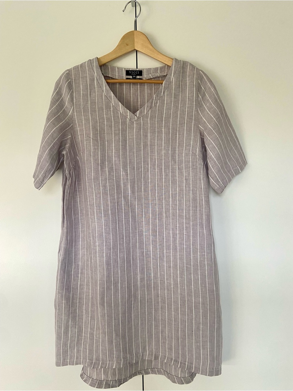 VICCI Germany I Love Linen Striped Sheath Dress EU 38 Taupe White Pockets EUC